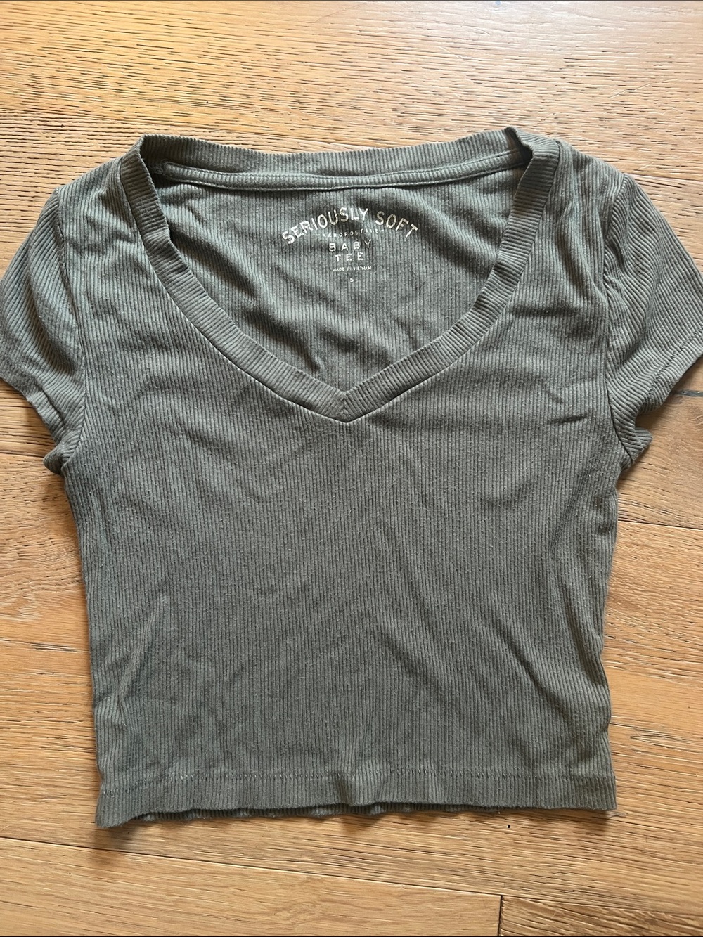 Aeropostale Olive Ribbed V-Neck Crop Top